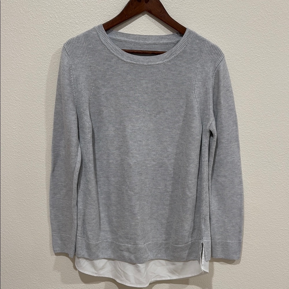 Gray Knit Sweater with sheer White Trim, L